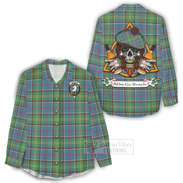 Colville Tartan Women's Casual Shirt with Family Crest and Bearded Skull Holding Bottles of Whiskey