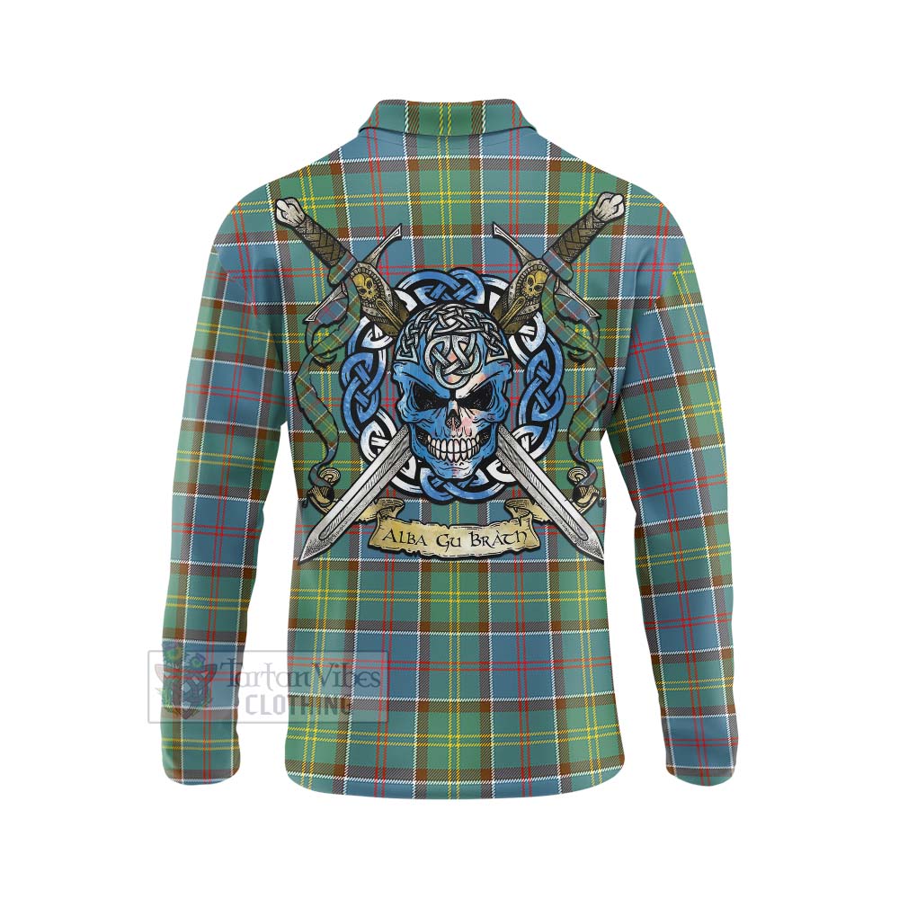 Tartan Vibes Clothing Colville Tartan Long Sleeve Polo Shirt with Family Crest Celtic Skull Style