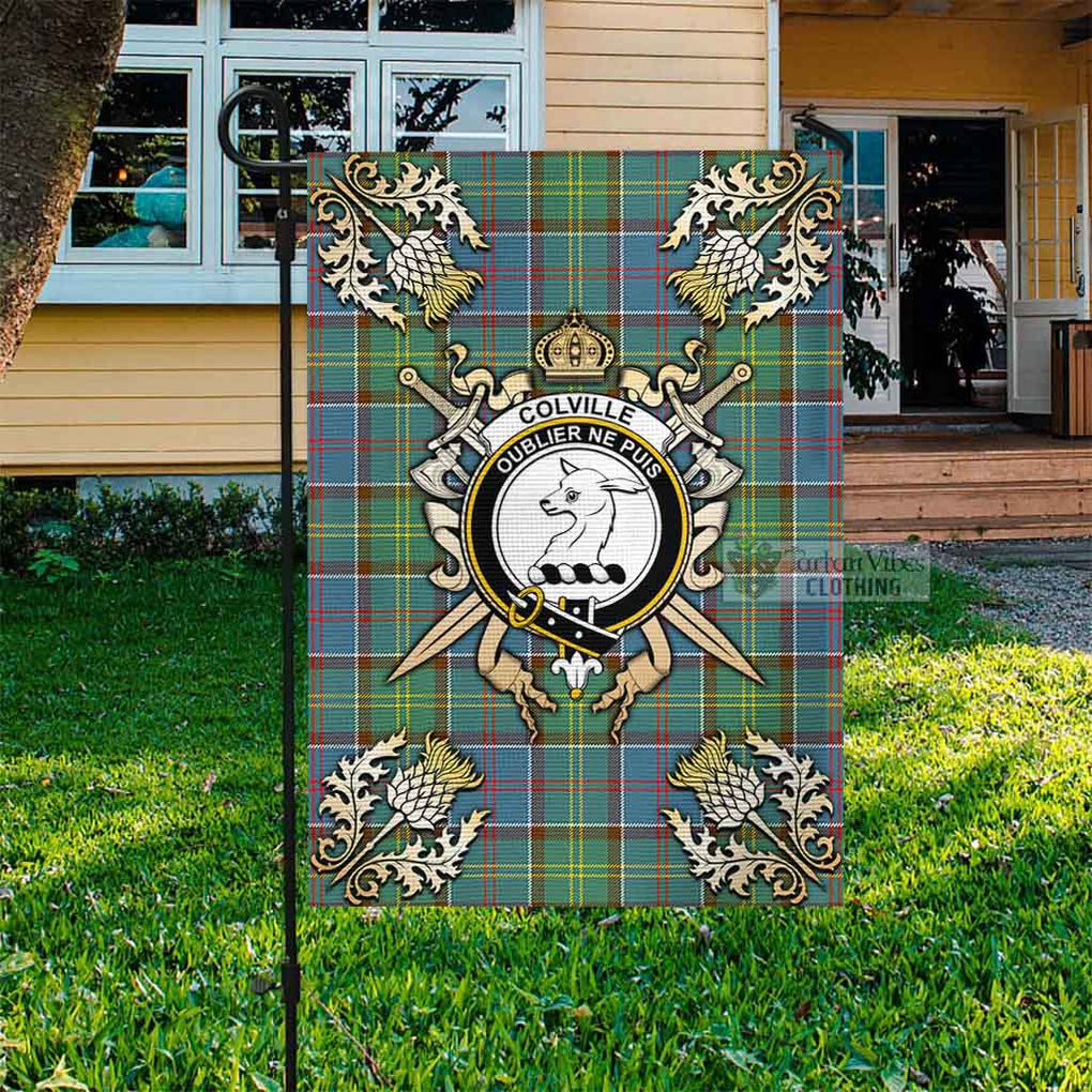 Tartan Vibes Clothing Colville Tartan Flag with Family Crest and Golden Thistle Crossed Sword Design