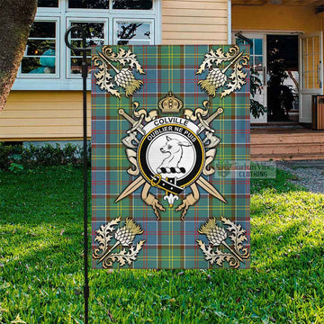 Colville Tartan Flag with Family Crest and Golden Thistle Crossed Sword Design