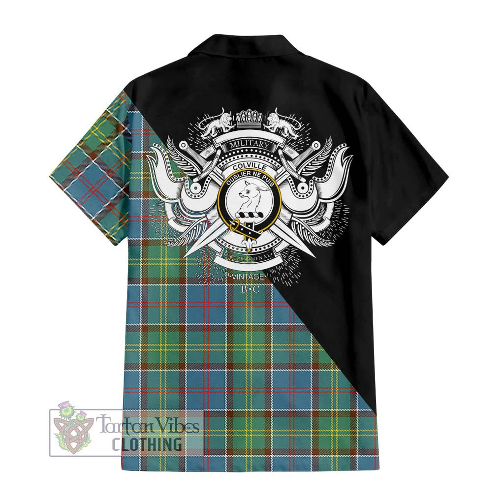 Colville Tartan Short Sleeve Button Shirt with Family Crest and Military Logo Style - Tartanvibesclothing Shop