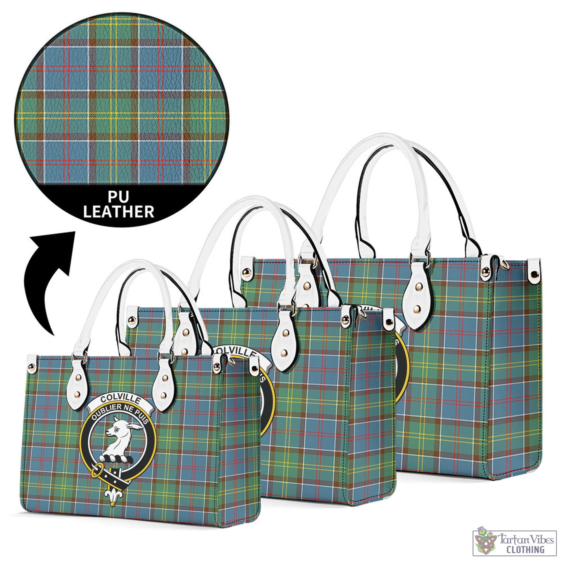 Tartan Vibes Clothing Colville Tartan Luxury Leather Handbags with Family Crest