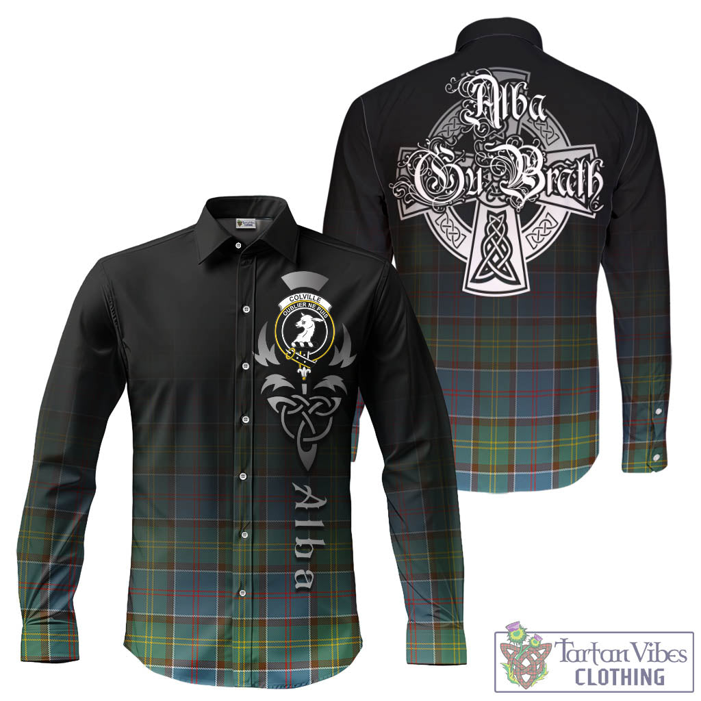 Tartan Vibes Clothing Colville Tartan Long Sleeve Button Up Featuring Alba Gu Brath Family Crest Celtic Inspired