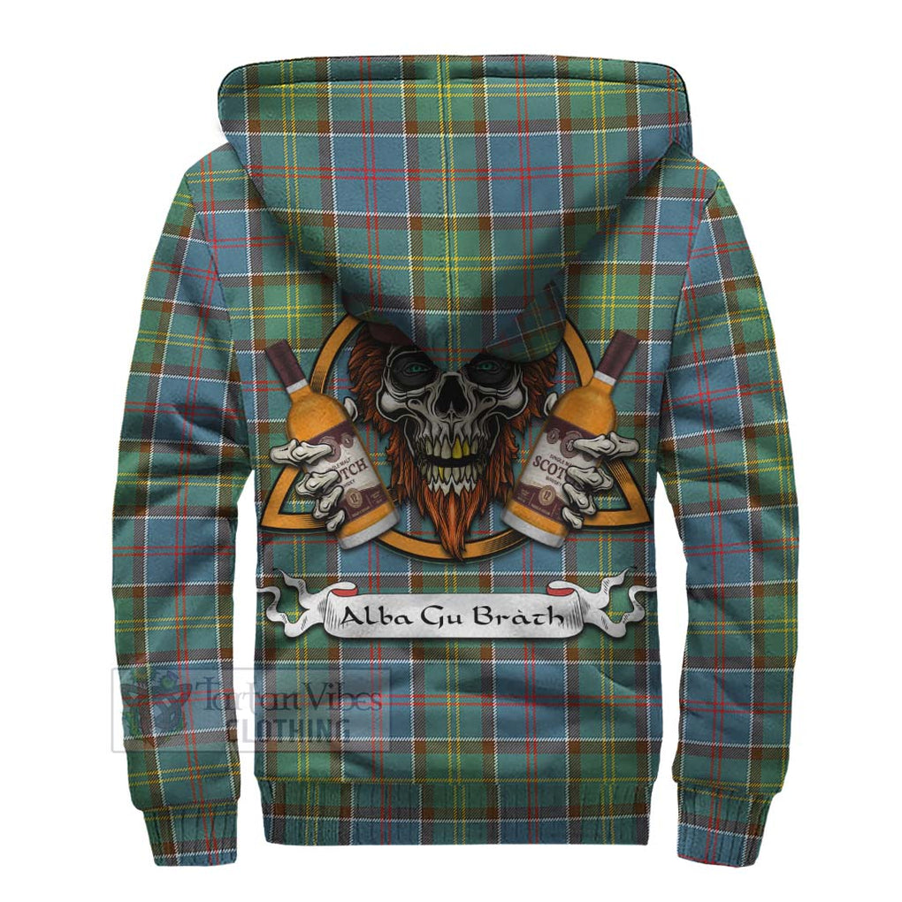 Tartan Vibes Clothing Colville Tartan Sherpa Hoodie with Family Crest and Bearded Skull Holding Bottles of Whiskey