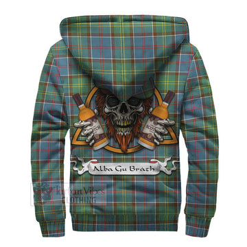 Colville Tartan Sherpa Hoodie with Family Crest and Bearded Skull Holding Bottles of Whiskey