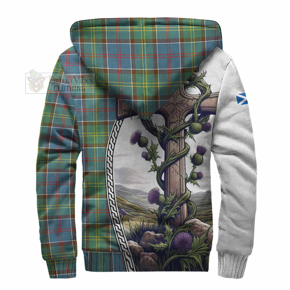 Tartan Vibes Clothing Colville Tartan Sherpa Hoodie with Family Crest and St. Andrew's Cross Accented by Thistle Vines