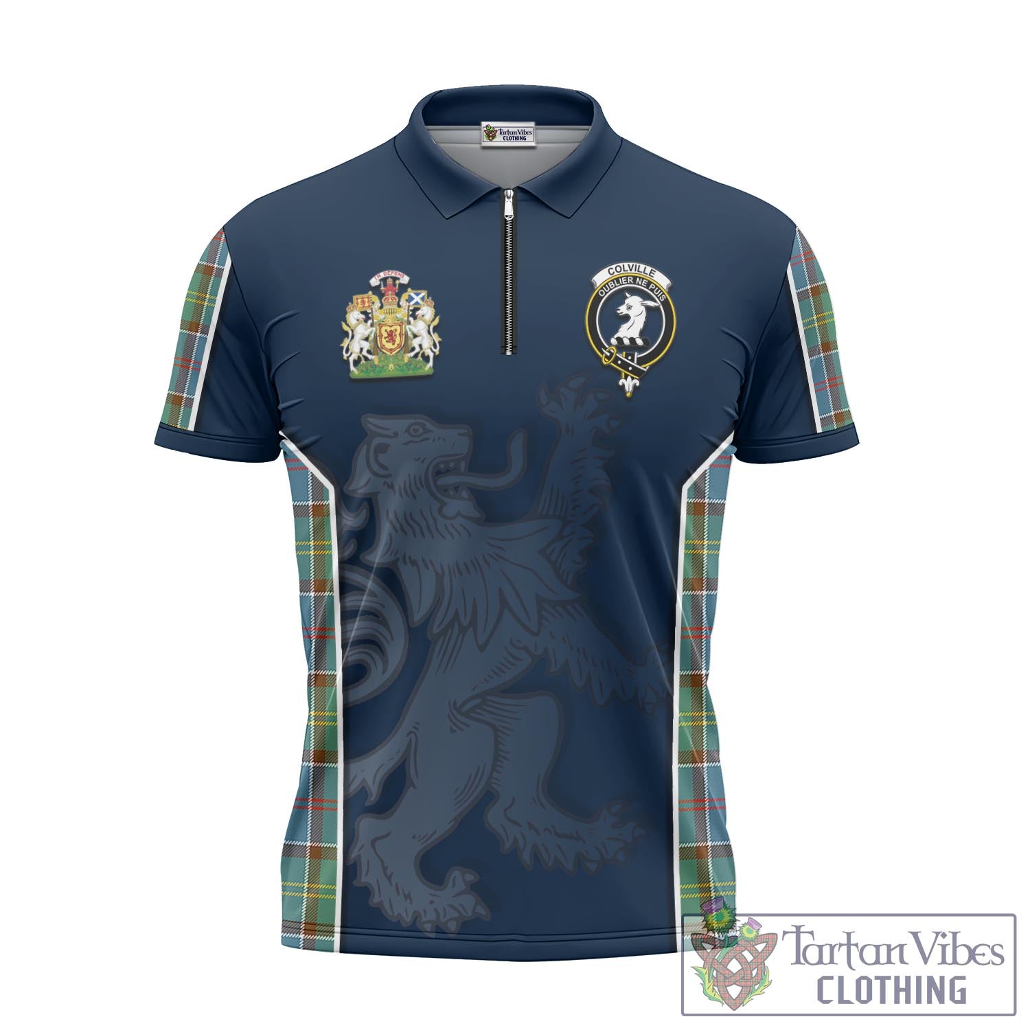 Tartan Vibes Clothing Colville Tartan Zipper Polo Shirt with Family Crest and Lion Rampant Vibes Sport Style