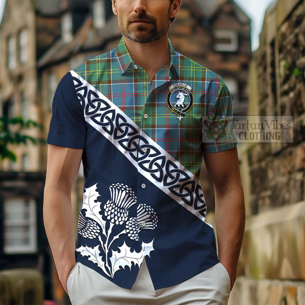 Tartan Vibes Clothing Colville Tartan Short Sleeve Button Shirt Featuring Thistle and Scotland Map