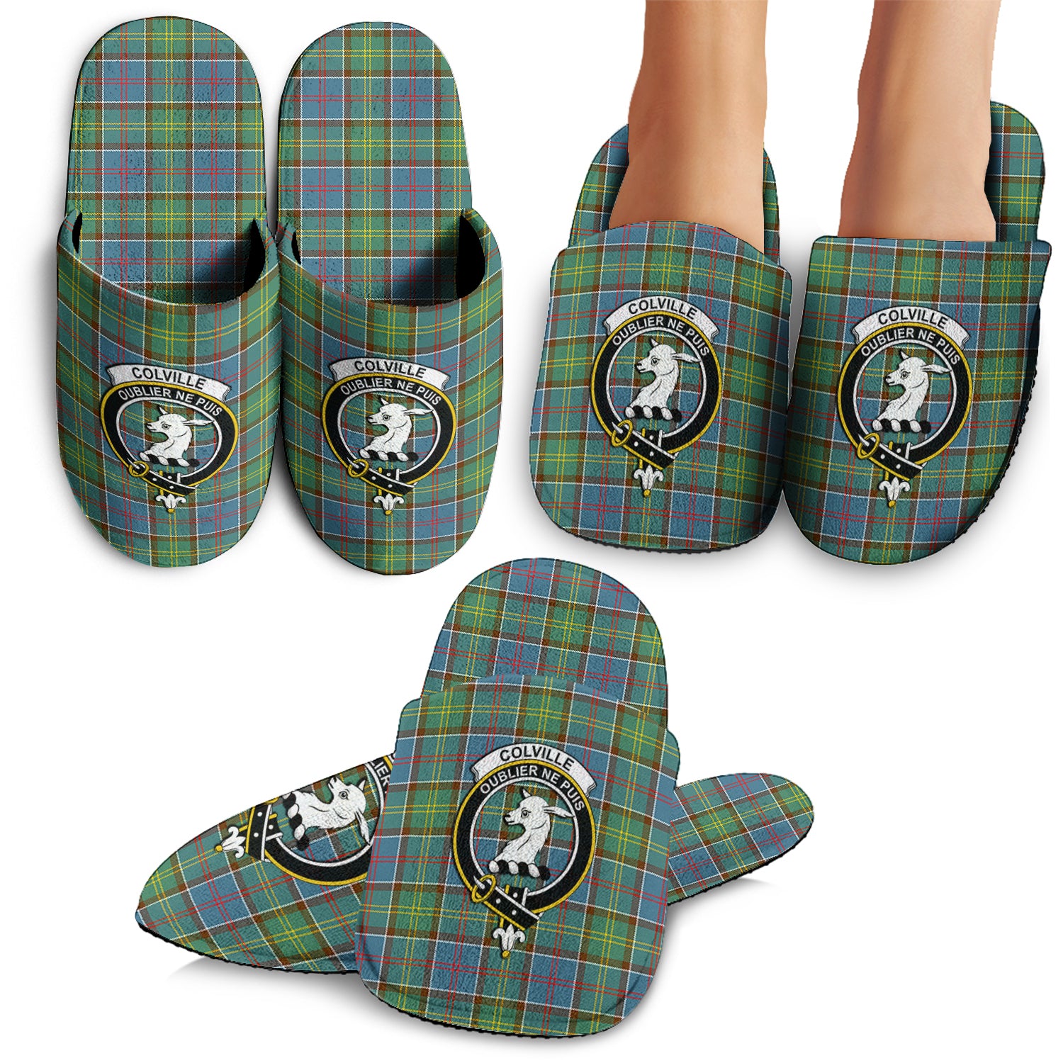 Colville Tartan Home Slippers with Family Crest - Tartanvibesclothing