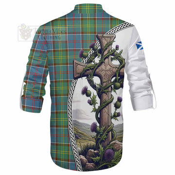 Colville Tartan Ghillie Kilt Shirt with Family Crest and St. Andrew's Cross Accented by Thistle Vines