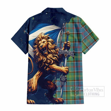 Colville Tartan Family Crest Short Sleeve Button Shirt with Scottish Majestic Lion