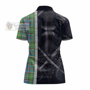 Colville Tartan Women's Polo Shirt with Family Crest Cross Sword Thistle Celtic Vibes