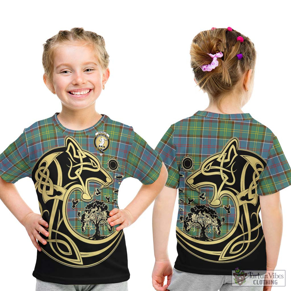 Colville Tartan Kid T-Shirt with Family Crest Celtic Wolf Style - Tartan Vibes Clothing