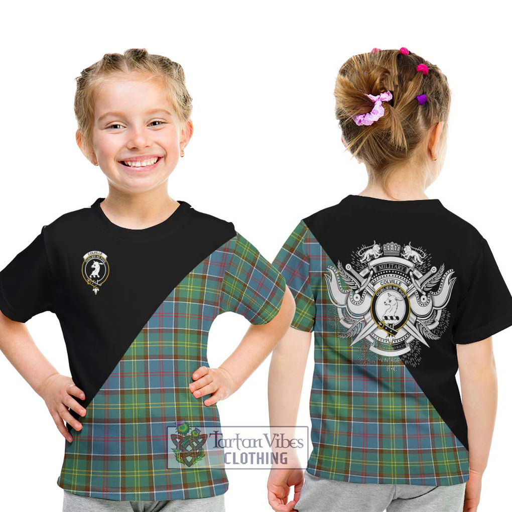 Colville Tartan Kid T-Shirt with Family Crest and Military Logo Style - Tartanvibesclothing Shop