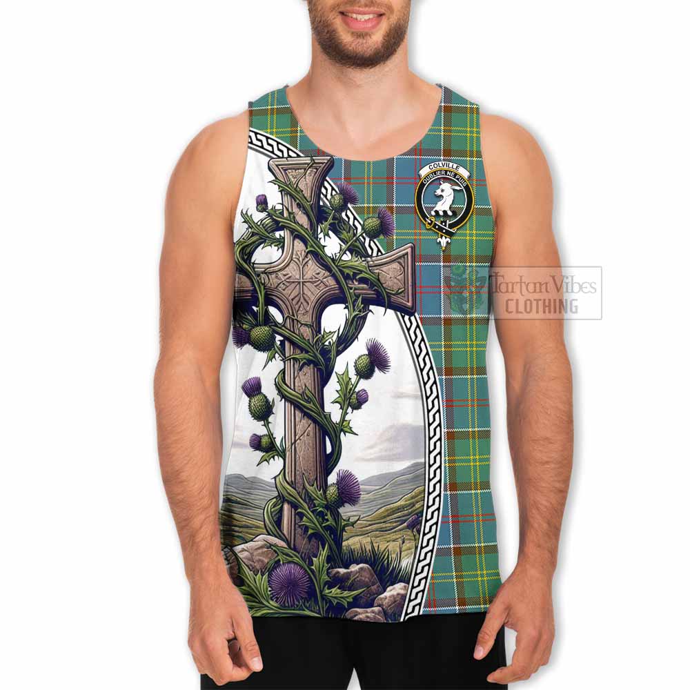 Tartan Vibes Clothing Colville Tartan Men's Tank Top with Family Crest and St. Andrew's Cross Accented by Thistle Vines