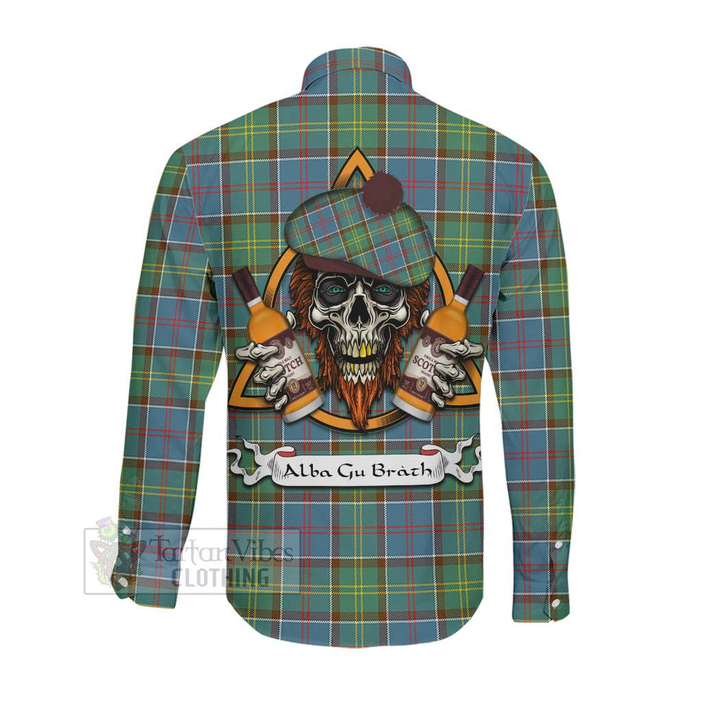 Tartan Vibes Clothing Colville Tartan Long Sleeve Button Shirt with Family Crest and Bearded Skull Holding Bottles of Whiskey