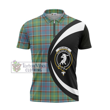 Colville Tartan Zipper Polo Shirt with Family Crest Circle Style