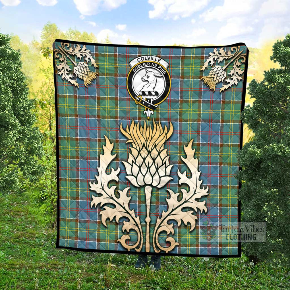 Tartan Vibes Clothing Colville Tartan Quilt with Family Crest and Golden Thistle Style