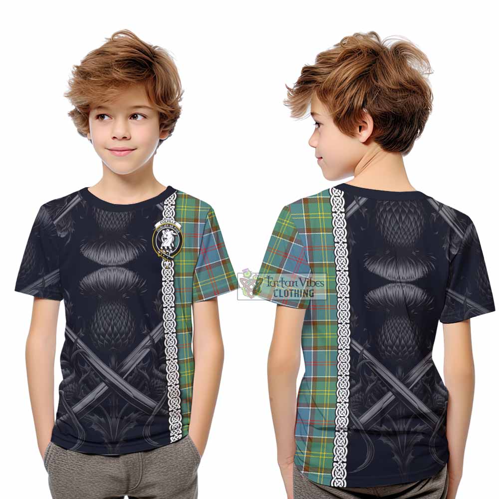 Tartan Vibes Clothing Colville Tartan Kid T-Shirt with Family Crest Cross Sword Thistle Celtic Vibes