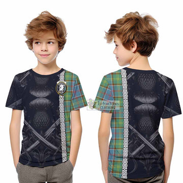 Colville Tartan Kid T-Shirt with Family Crest Cross Sword Thistle Celtic Vibes