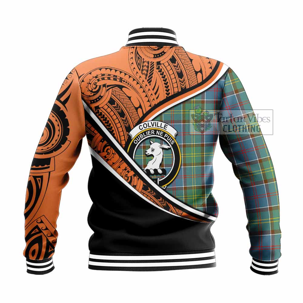 Tartan Vibes Clothing Colville Crest Tartan Baseball Jacket with Maori Tattoo Style - Orange Version