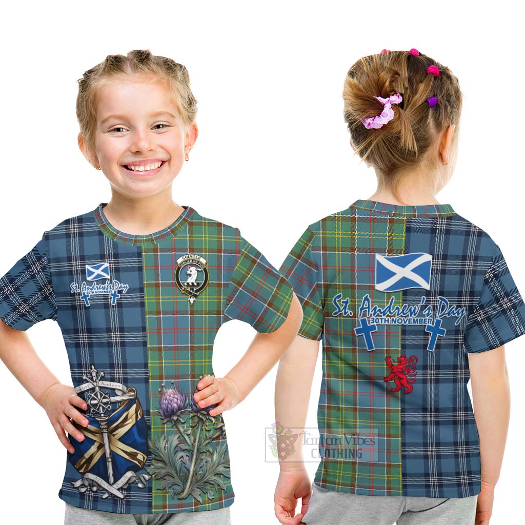 Tartan Vibes Clothing Colville Tartan Kid T-Shirt Happy St. Andrew's Day Half Tartan Style