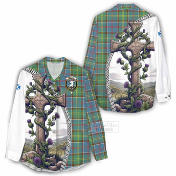 Colville Tartan Women's Casual Shirt with Family Crest and St. Andrew's Cross Accented by Thistle Vines