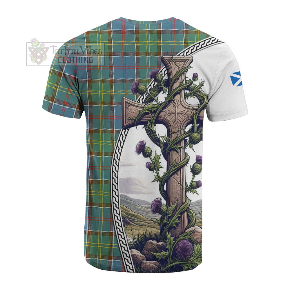 Tartan Vibes Clothing Colville Tartan Cotton T-shirt with Family Crest and St. Andrew's Cross Accented by Thistle Vines