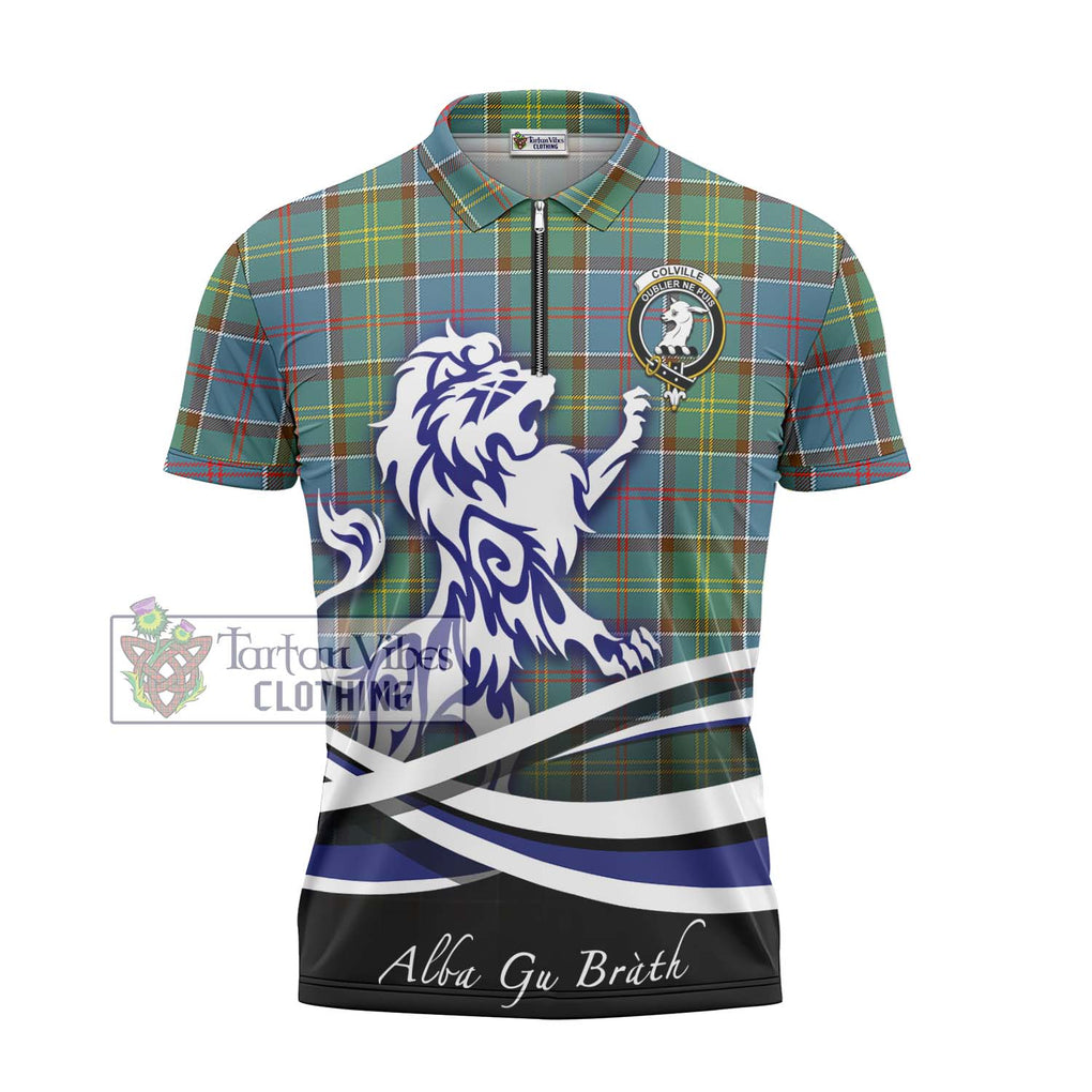 Colville Tartan Zipper Polo Shirt with Alba Gu Brath Regal Lion Emblem - Tartanvibesclothing Shop