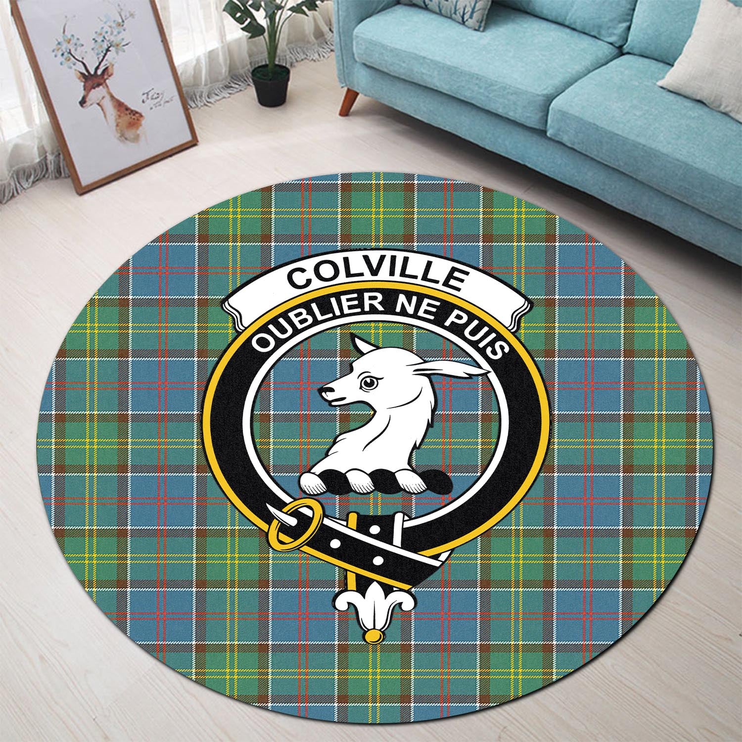 Colville Tartan Round Rug with Family Crest - Tartanvibesclothing