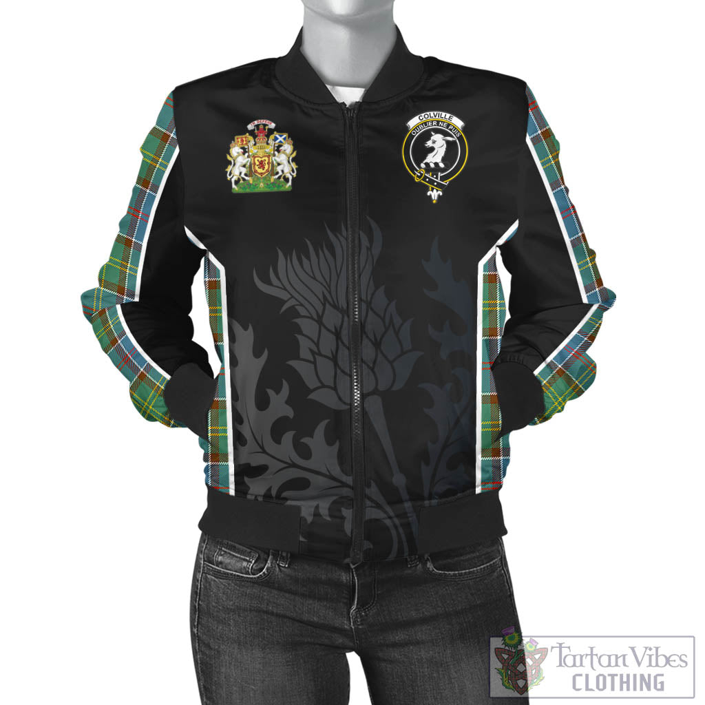 Tartan Vibes Clothing Colville Tartan Bomber Jacket with Family Crest and Scottish Thistle Vibes Sport Style