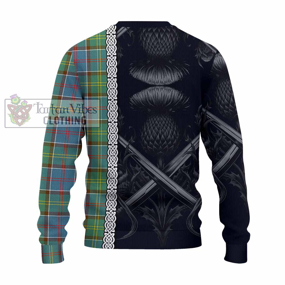 Tartan Vibes Clothing Colville Tartan Knitted Sweater with Family Crest Cross Sword Thistle Celtic Vibes