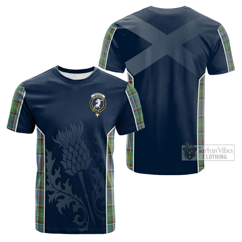 Tartan Vibes Clothing Colville Tartan Cotton T-shirt with Family Crest and Scottish Thistle Vibes Sport Style