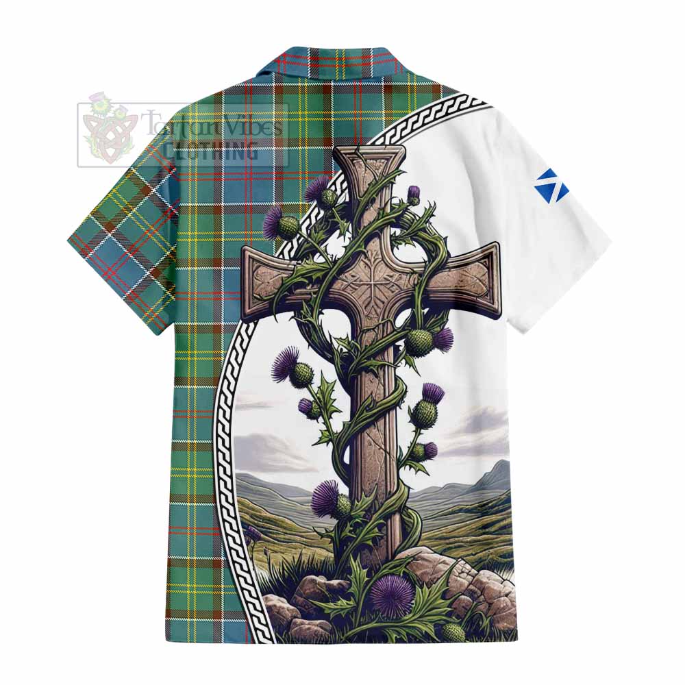 Tartan Vibes Clothing Colville Tartan Short Sleeve Button Shirt with Family Crest and St. Andrew's Cross Accented by Thistle Vines