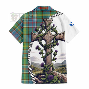 Colville Tartan Short Sleeve Button Shirt with Family Crest and St. Andrew's Cross Accented by Thistle Vines