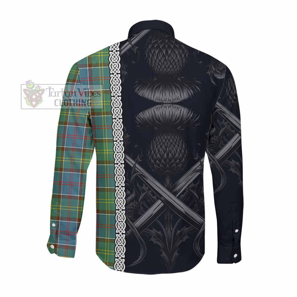 Colville Tartan Long Sleeve Button Shirt with Family Crest Cross Sword Thistle Celtic Vibes Men's Shirt - Tartan Vibes Clothing