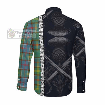 Colville Tartan Long Sleeve Button Shirt with Family Crest Cross Sword Thistle Celtic Vibes