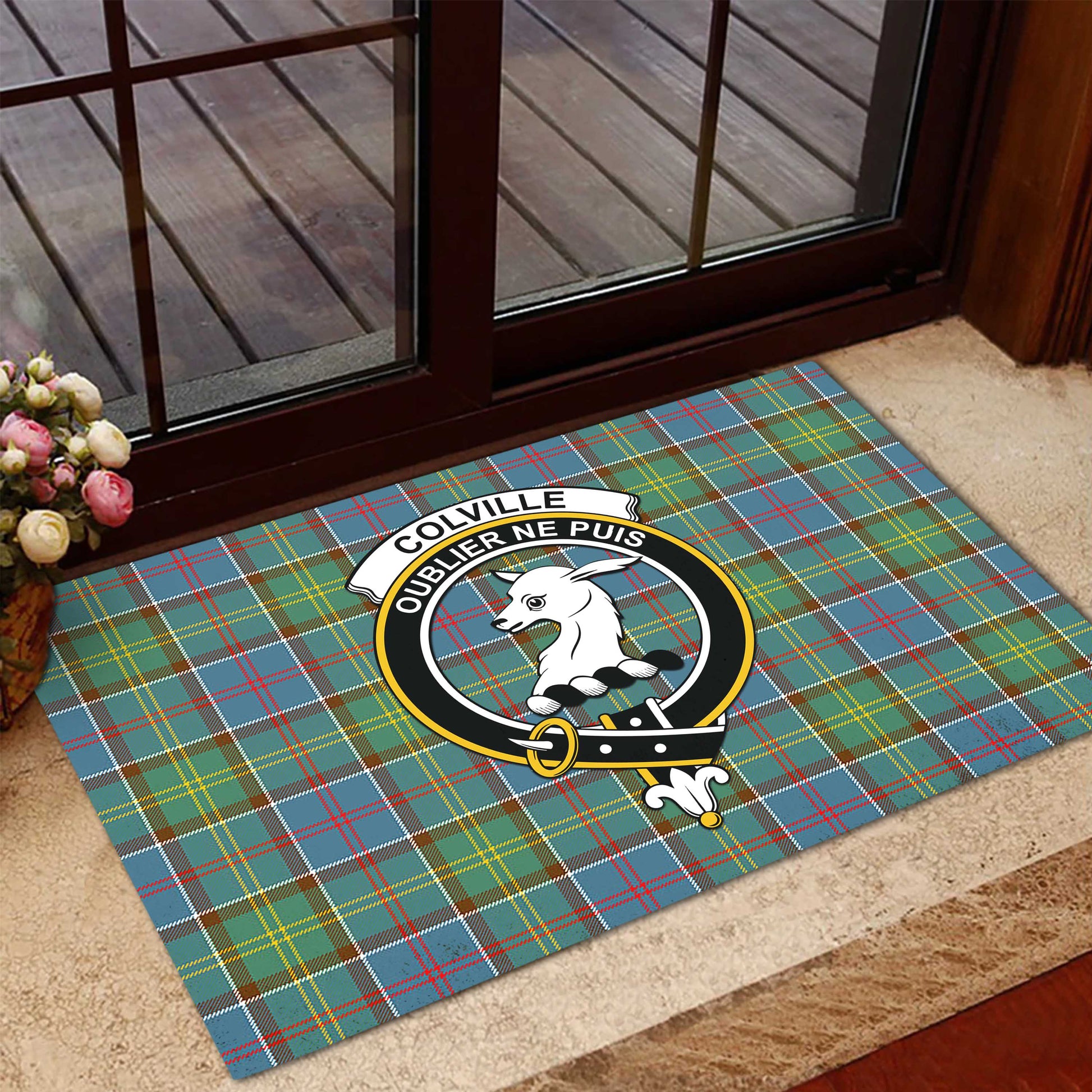 Colville Tartan Door Mat with Family Crest - Tartanvibesclothing