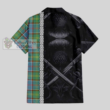 Colville Tartan Short Sleeve Button Shirt with Family Crest Cross Sword Thistle Celtic Vibes