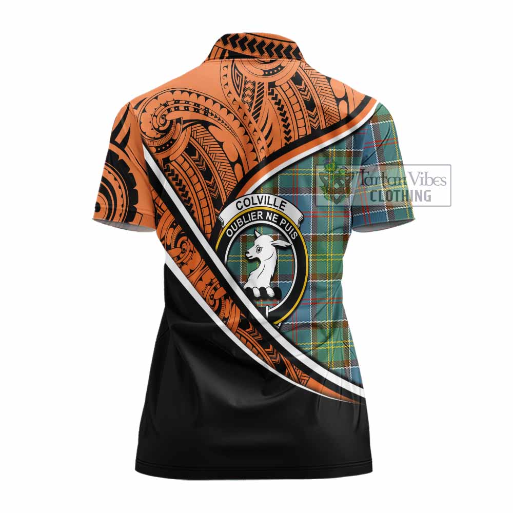 Tartan Vibes Clothing Colville Crest Tartan Women's Polo Shirt with Maori Tattoo Style - Orange Version