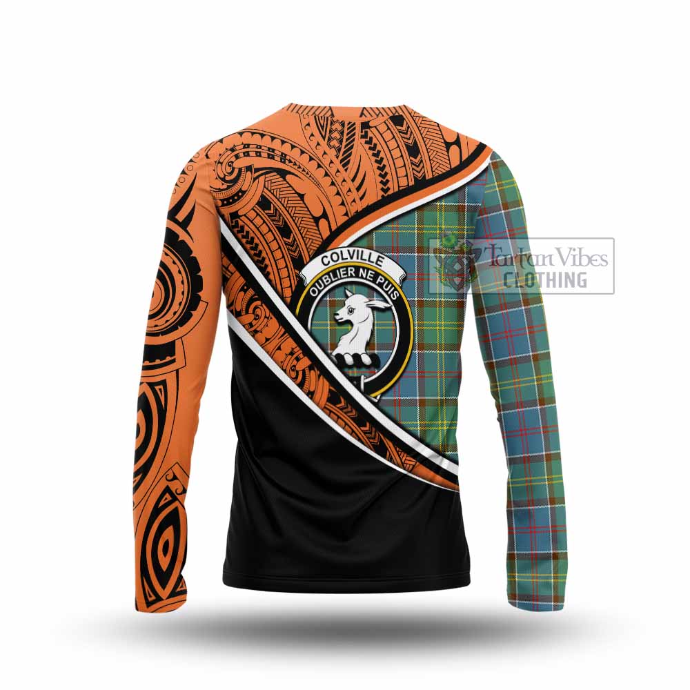 Tartan Vibes Clothing Colville Crest Tartan Long Sleeve T-Shirt with Maori Tattoo Style - Orange Version