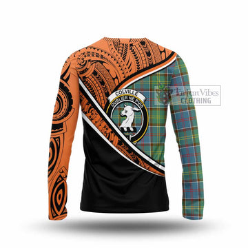 Colville Crest Tartan Long Sleeve T-Shirt with Polynesian Vibes Style - Orange Version