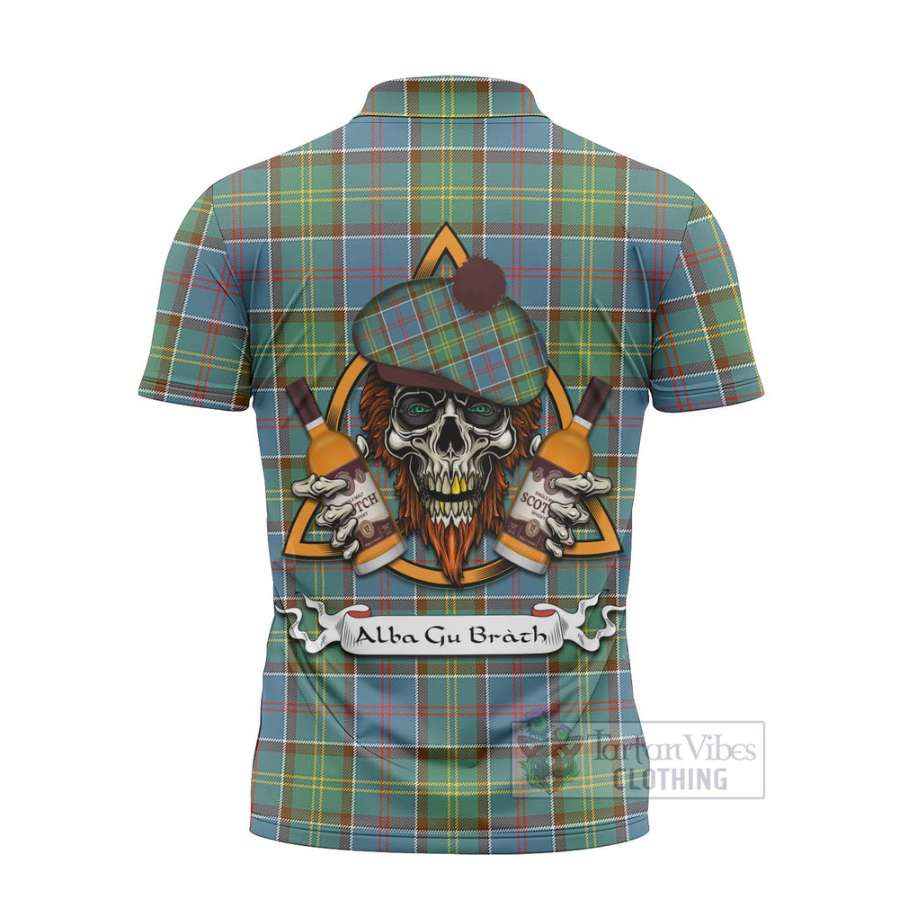 Tartan Vibes Clothing Colville Tartan Zipper Polo Shirt with Family Crest and Bearded Skull Holding Bottles of Whiskey