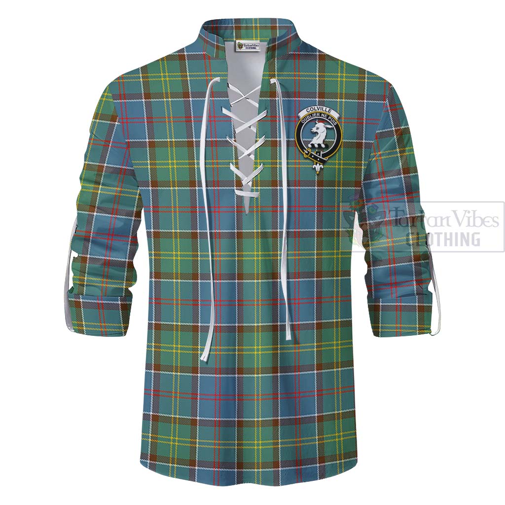 Tartan Vibes Clothing Colville Tartan Ghillie Kilt Shirt with Family Crest and Bearded Skull Holding Bottles of Whiskey