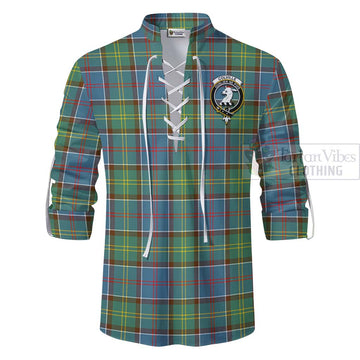 Colville Tartan Ghillie Kilt Shirt with Family Crest and Bearded Skull Holding Bottles of Whiskey