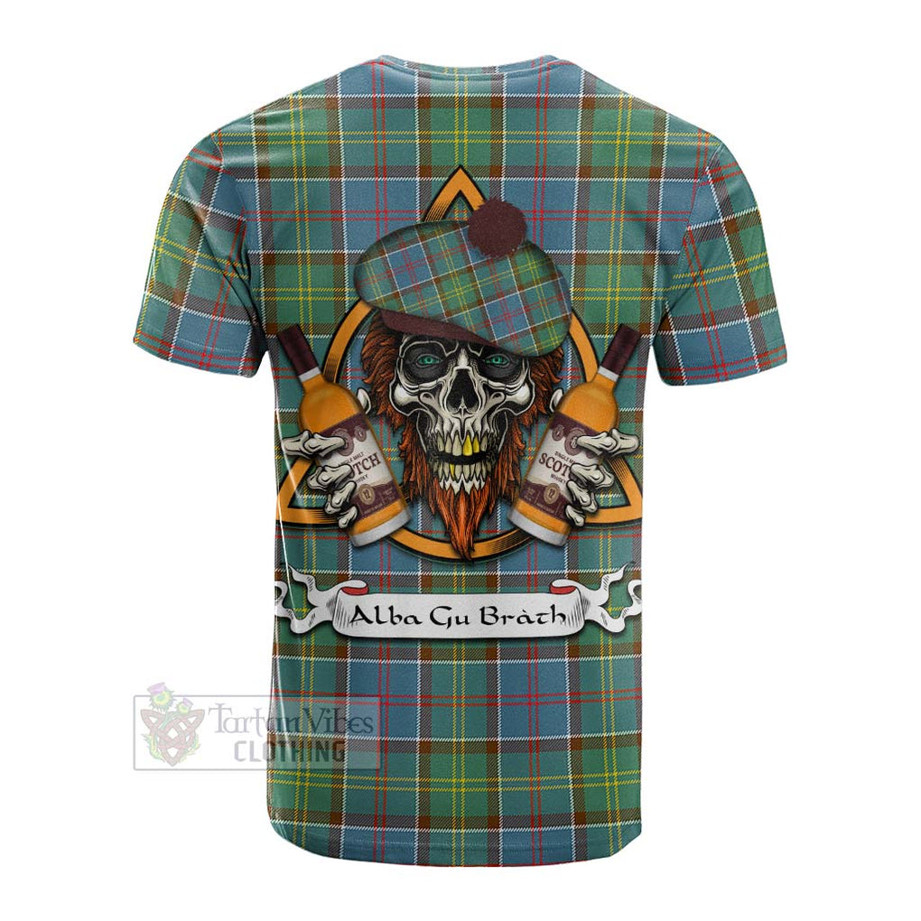 Tartan Vibes Clothing Colville Tartan Cotton T-shirt with Family Crest and Bearded Skull Holding Bottles of Whiskey