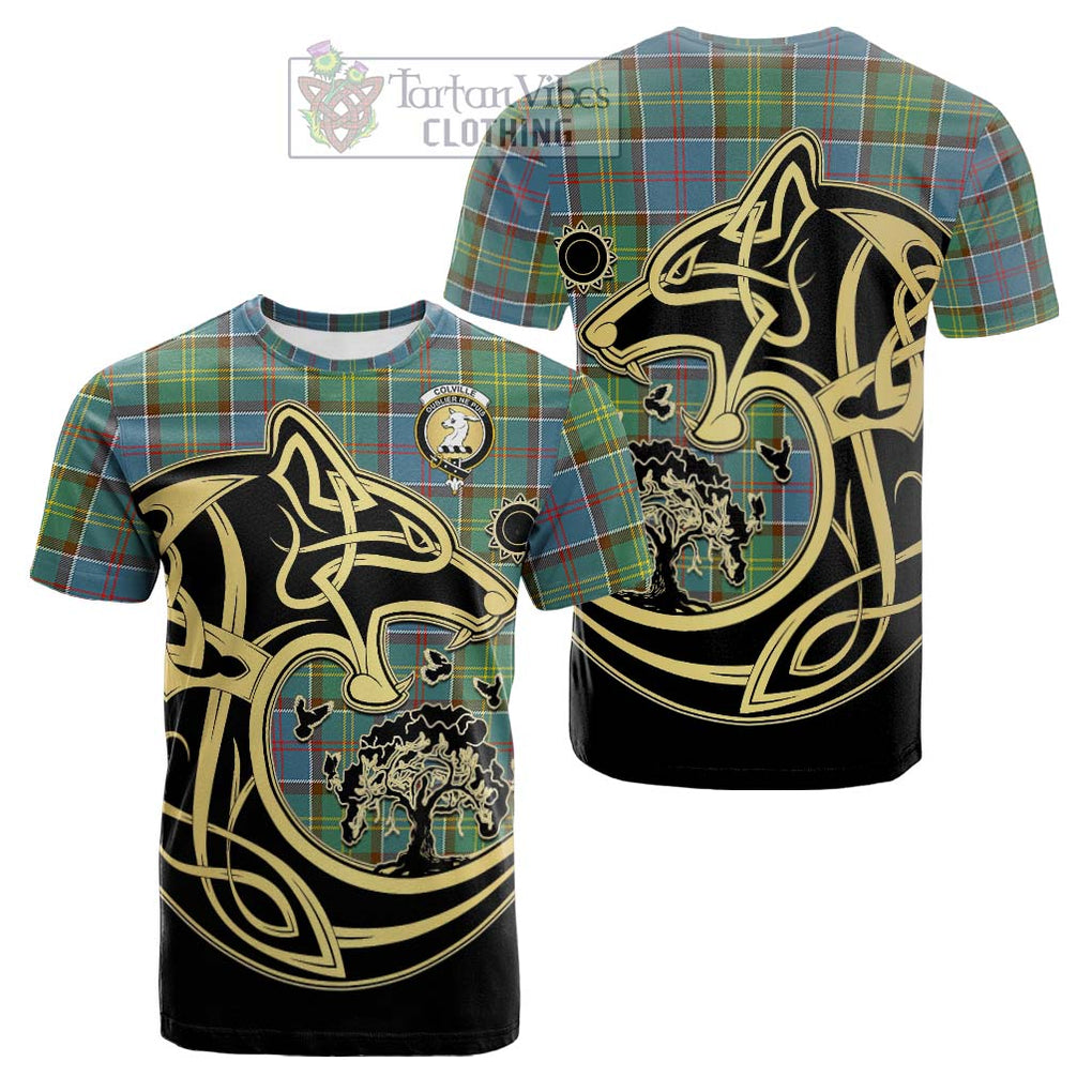 Tartan Vibes Clothing Colville Tartan Cotton T-shirt with Family Crest Celtic Wolf Style