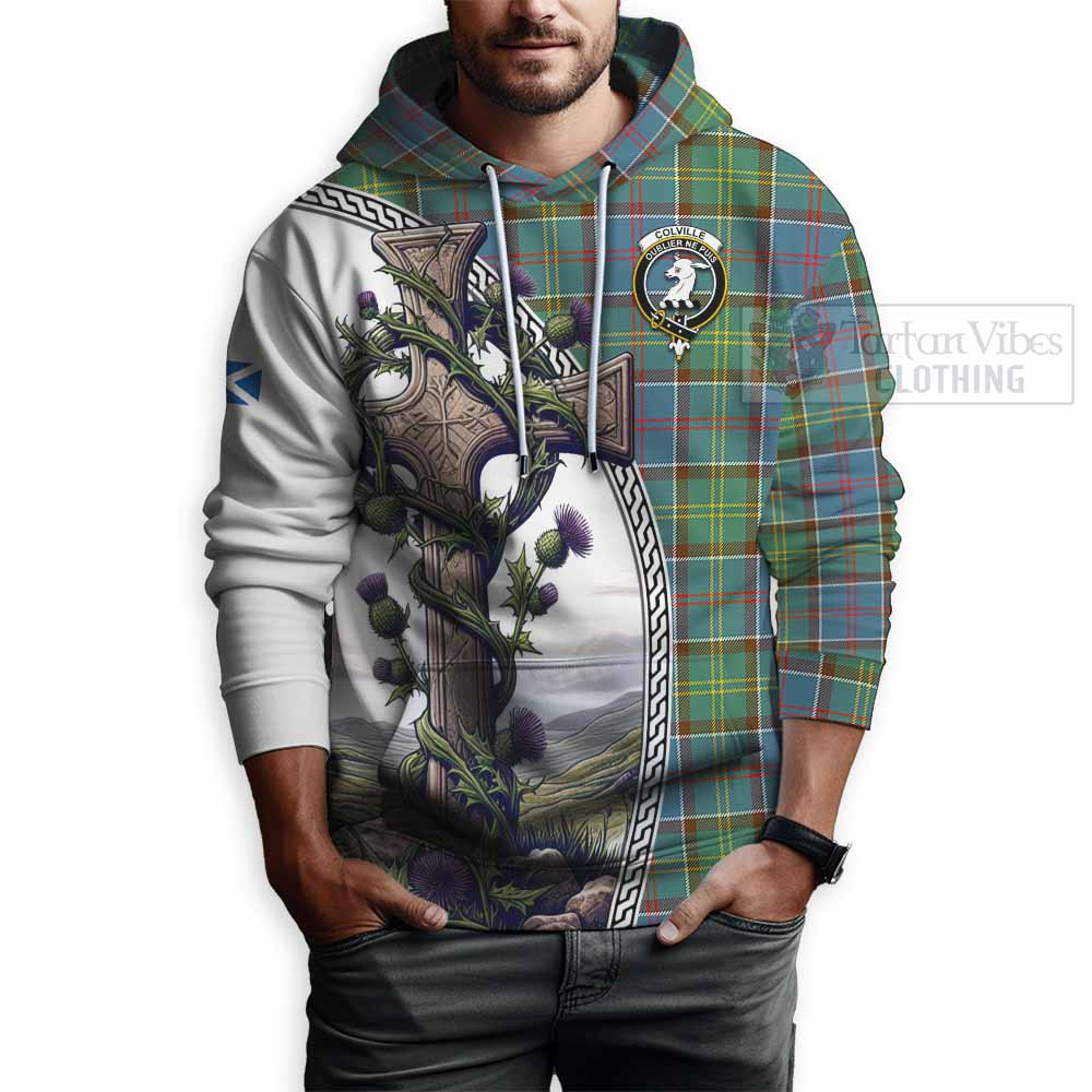 Tartan Vibes Clothing Colville Tartan Hoodie with Family Crest and St. Andrew's Cross Accented by Thistle Vines