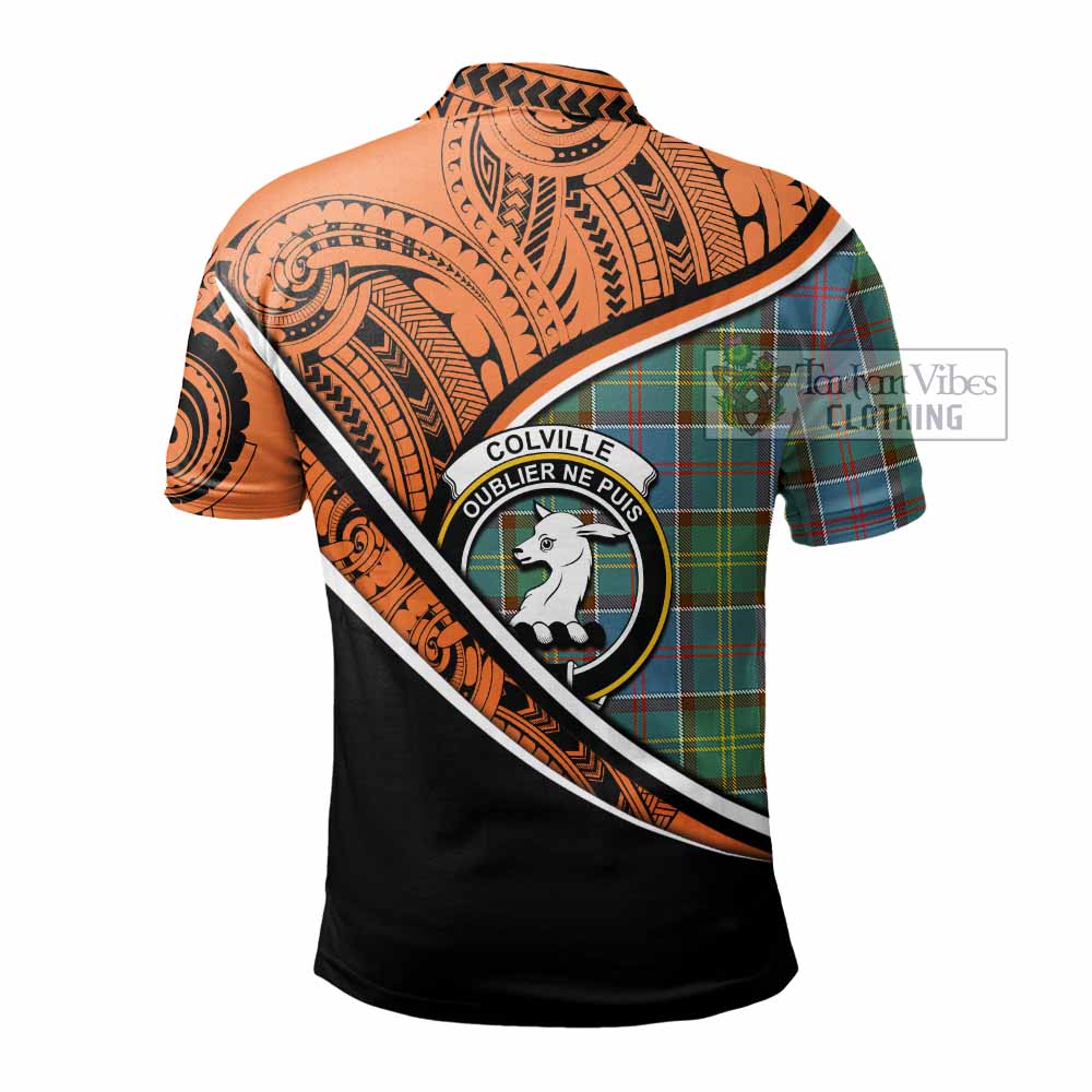 Tartan Vibes Clothing Colville Crest Tartan Polo Shirt with Maori Tattoo Style - Orange Version