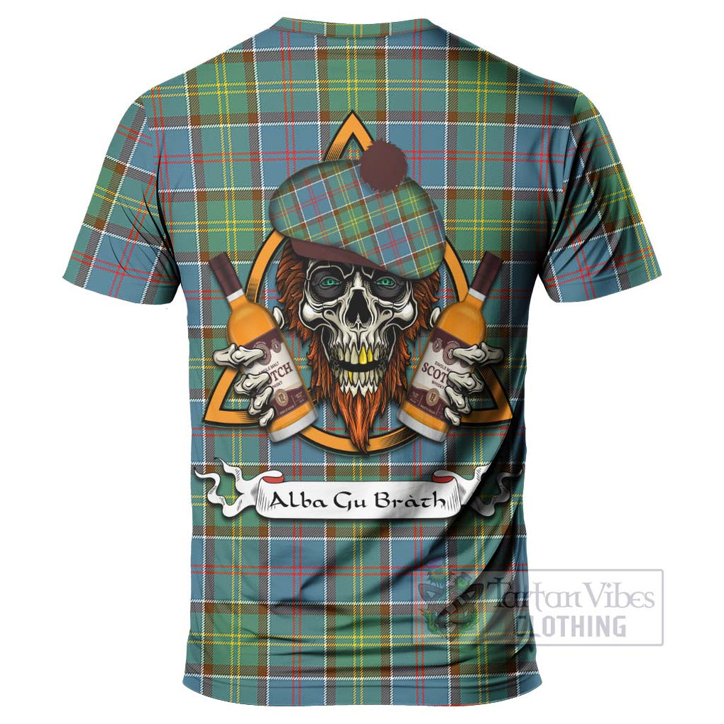 Tartan Vibes Clothing Colville Tartan T-Shirt with Family Crest and Bearded Skull Holding Bottles of Whiskey